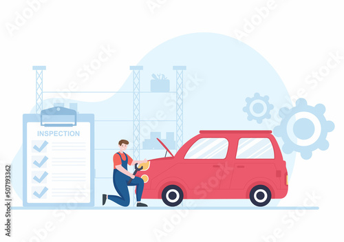 Car Inspection of The Station Detects Faults, Draws up a Checklist of All Breakdowns, Repair and Analysis Transport in Flat Cartoon Illustration