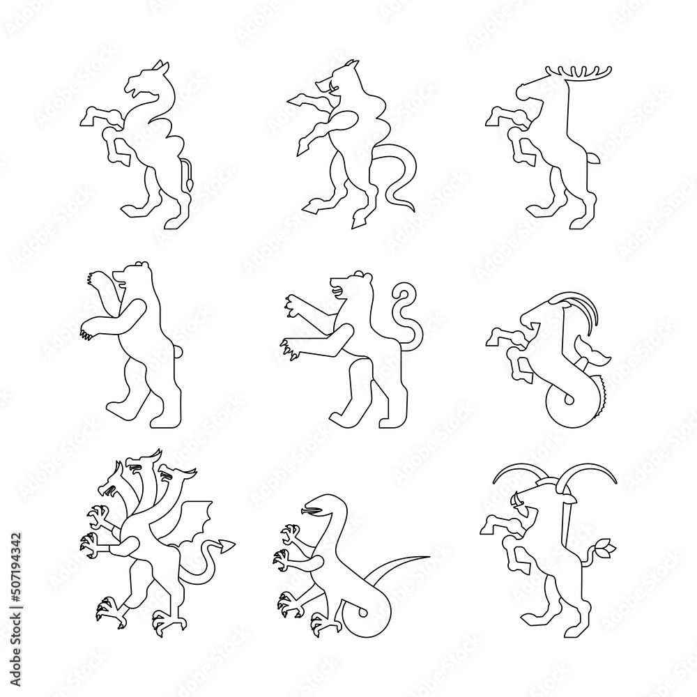 Heraldic animal set linear style. Panther, camel. Goat, Hydra and Enfield. Fox, wolf and Alphyn. Deer, camel and Yale. Salamndra, goat and Amphiptere. Fantastic Beast.  Heraldry design element.