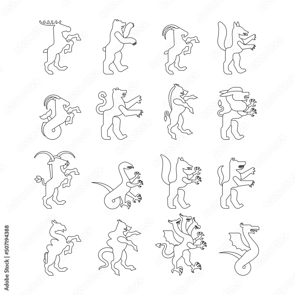 Heraldic animal set linear style. Panther, camel. Goat, Hydra and Enfield. Fox, wolf and Alphyn. Deer, camel and Yale. Salamndra, goat and Amphiptere. Fantastic Beast Heraldry design element. Heraldic animal set linear style. Panther, camel. Goat, Hydra and Enfield. Fox, wolf and Alphyn. Deer, camel and Yale. Salamndra, goat and Amphiptere. Fantastic Beast Heraldry design element.