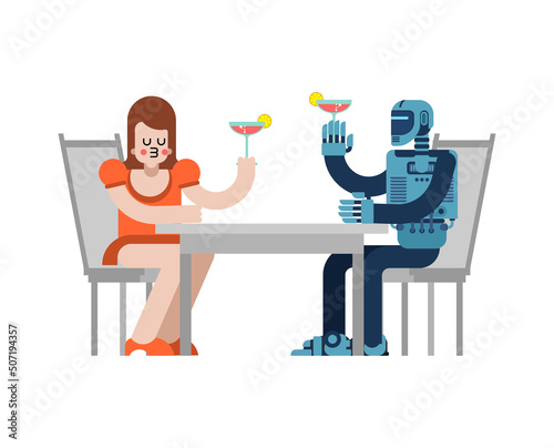 Lovers robot Sitting in restaurant. Loving couple cyborg and Girl. romantic Romantic relationship. Love and robot illustration  4