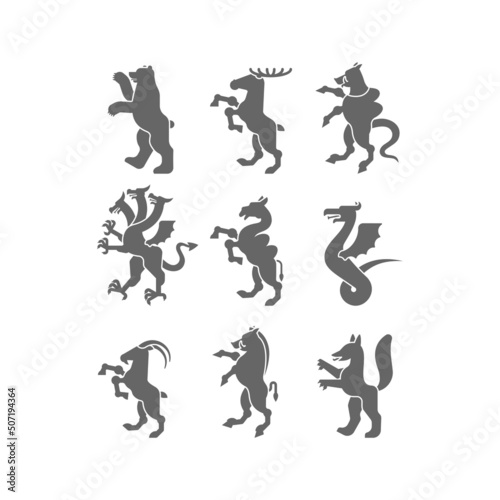 Heraldic animal set silhouette. Panther, camel. Goat, Hydra and Enfield. Fox, wolf and Alphyn. Deer, camel and Yale. Salamndra, goat and Amphiptere. Fantastic Beast. Heraldry design element.