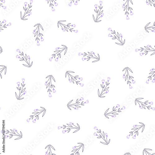 Floral pattern. Branch with leaves and flowers, vector seamless white background. Cool plant ornament with small buds, modern, trendy textiles. Hand drawn art for bedding.