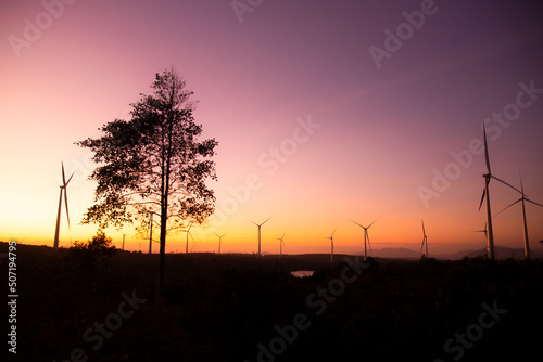 Wind turbines power plant at sunset are alternative electricity  the concept of sustainable resources. Green energy concept to reduce global warming and climate change and pollution