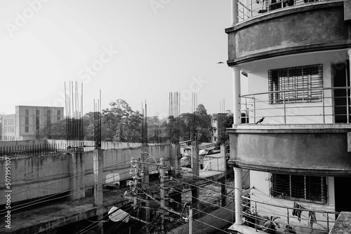 Howrah, West Bengal, India - 7th June 2020 : New constructions being made of a residencial buliding in black and white, shot in the morning.