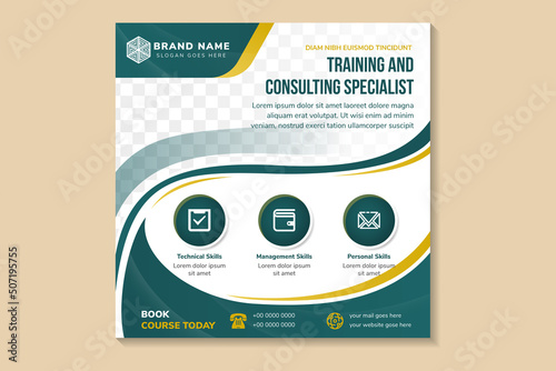 training and consulting specialist social media post template design with an image and text placement, professional eye-catchy colorful design. Standard for web banner and social media, vector square