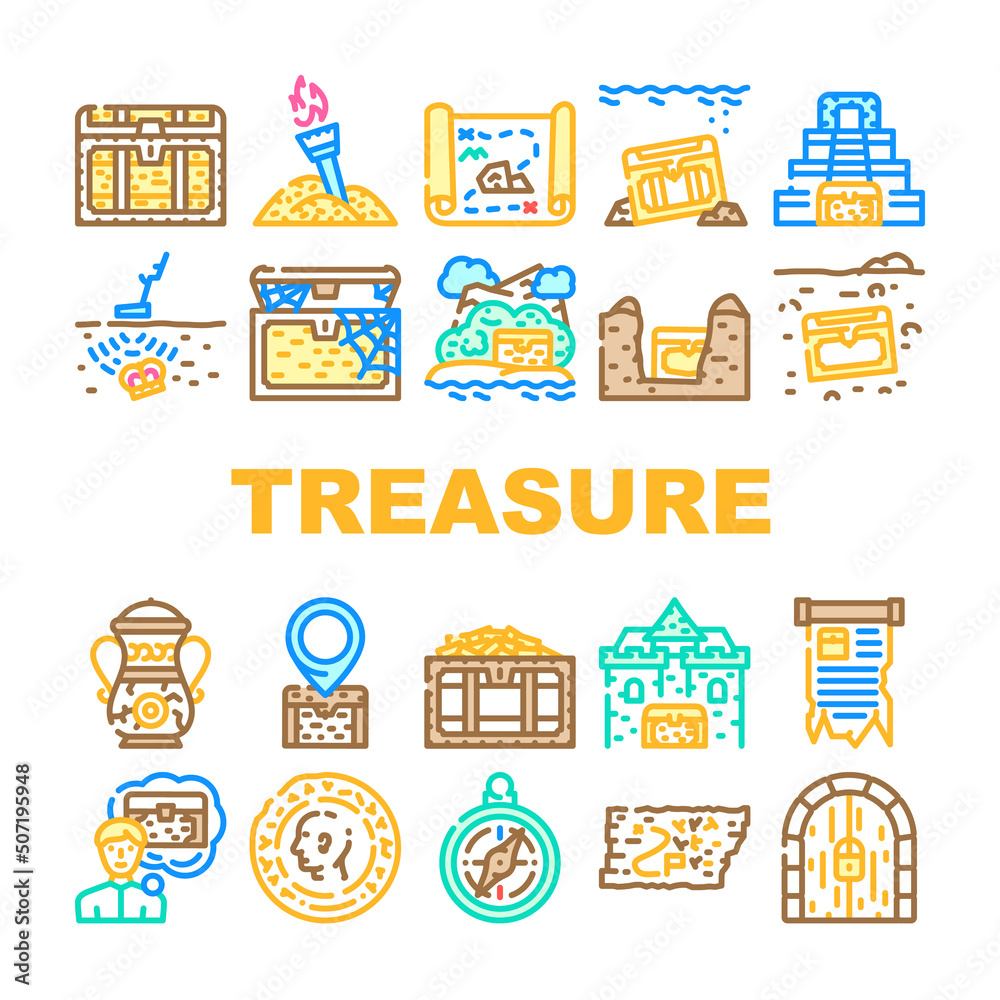 Treasure Precious And Antique Icons Set Vector. Treasure Chest And Manuscript, Compass Equipment And Map With Location For Finding, Gold Pile And Vintage Coin Searching Color Illustrations