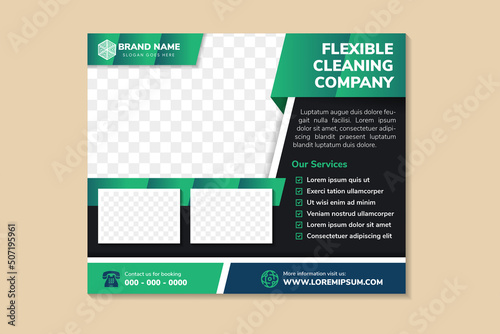 vector abstract horizontal layout banner with geometric green and blue gradient elements in black modern background. flexible cleaning company flyer template with space for photo collage and text.