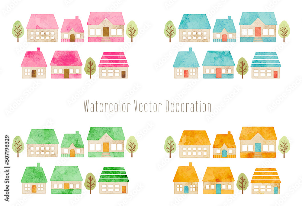 watercolor colorful hand drawn houses and trees