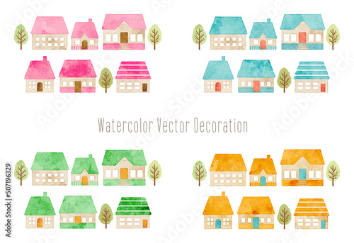 watercolor colorful hand drawn houses and trees