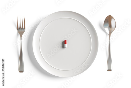 pill medicine consume plate empty fork spoon prescription drug ceramic remedy medic capsule red white tablet. taking pills after meals about diarrhea weight control or diet pills. 3D Illustration.