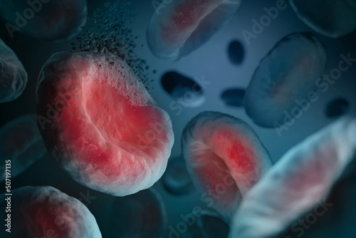 Fotografie Hemoglobin infection and disintegrate crumble break veins red blood vessel cell micro microscope inside human body movement