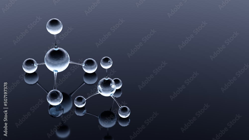 Small structure interior body human strong glass clear crystal ball sphere molecule connection transparent reflective metal surface. Medical and science concept. Copy space. 3D Illustration.