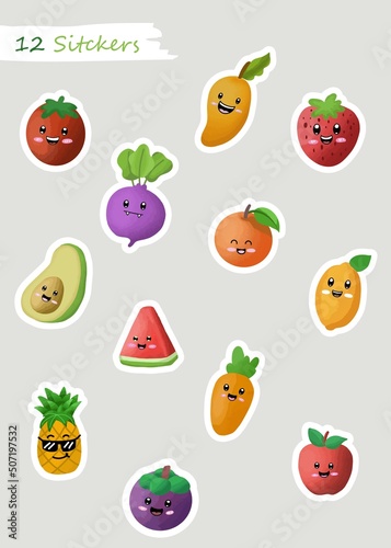 Cute fruit set sticker design. Vector illustration Eps10.