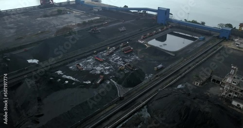 Thermal Coal Supply In The Terminal Harbor Of Mangalore, India. Aerial photo