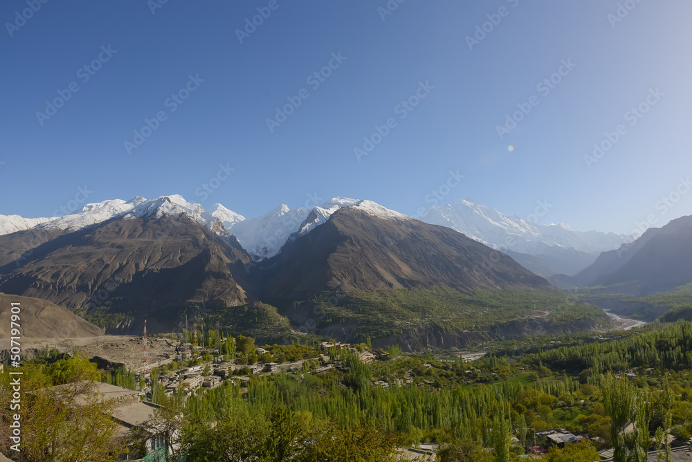 Panorama, of mountains and glaciers in Passu city, Pakistan