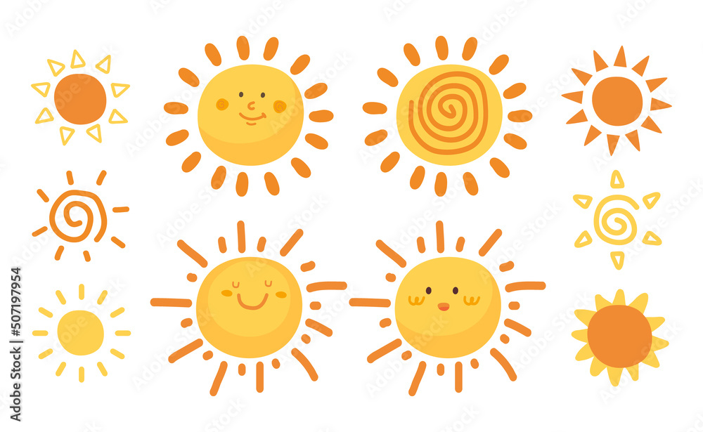 happy sun cartoons. Hand drawn doodle sun set. happy sun cartoons. Hand drawn doodle sun set.