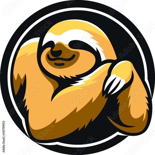 Round Logo Design of Cute Sloth Lying and Smiling