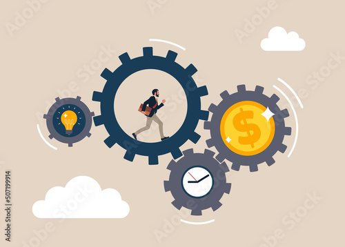 Businessman running with full effort inside gear cogs to spin time and money gears. Effort and time to make money, success long term investment, deadline effect to make people finish work concept.