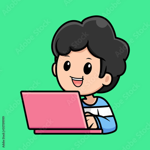 cute boy cartoon with laptop design illustration