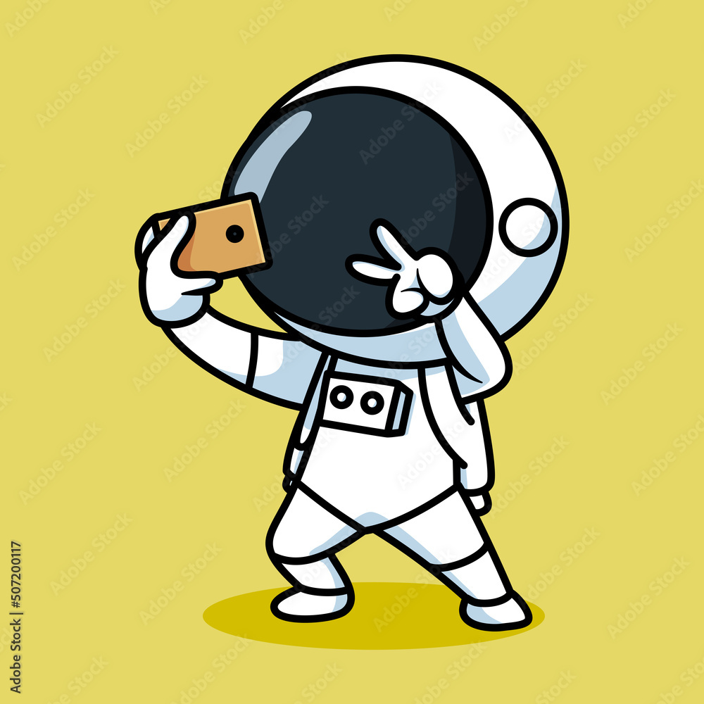 Cute Astronaut take a selfie Cartoon Vector Icon Illustration. Science Technology Icon Concept Isolated Premium Vector. Flat Cartoon Style