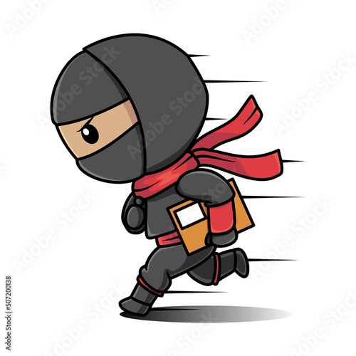 ninja courier express delivery service mascot, man wear ninja costume carrying package to customer cartoon illustration vector isolated in white background