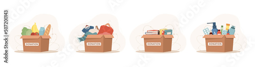 Donation boxes with clothes, toys, books and medicines. Help for homeless. Support for poor people and children. Volunteering and charity concept. Vector illustration in flat cartoon style.