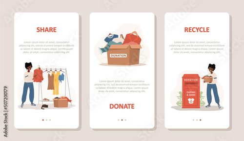 Donation clothes. African volunteers women share and recycle used clothes. Vector cartoon illustration. Set of mobile banners. Garbage sorting. Zero waste and eco friendly concept. Humanitarian help.