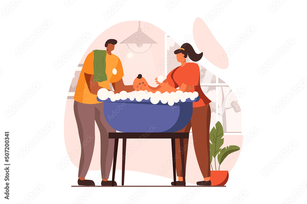 Newborn child in young family web concept in flat design. Happy dad and mom bathing baby in bubble bath at home. Father and mother take care of small kid. Vector illustration with people scene Newborn child in young family web concept in flat design. Happy dad and mom bathing baby in bubble bath at home. Father and mother take care of small kid. Vector illustration with people scene