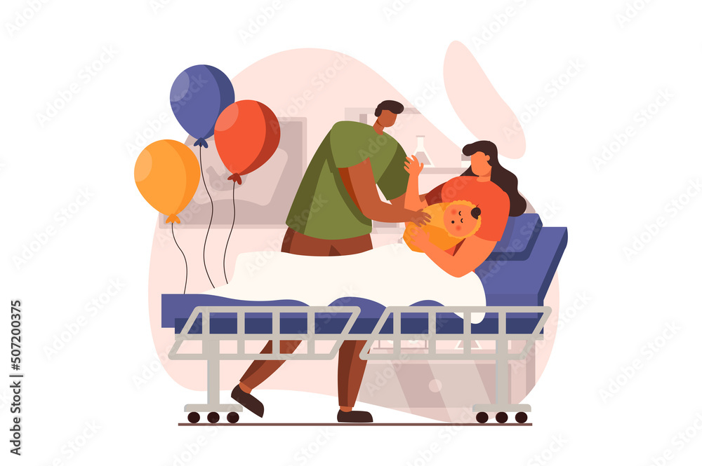 Obraz premium Newborn child in young family web concept in flat design. Happy mom holding infant while dad with balloons stands in maternity ward. Father and mother with kid. Vector illustration with people scene