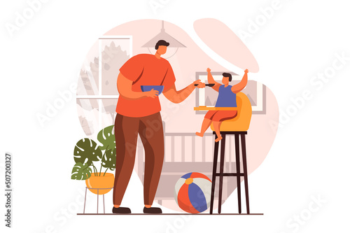 Newborn child in young family web concept in flat design. Happy dad spoon feeds his little son sitting on highchair in kitchen. Father takes care of small kid. Vector illustration with people scene