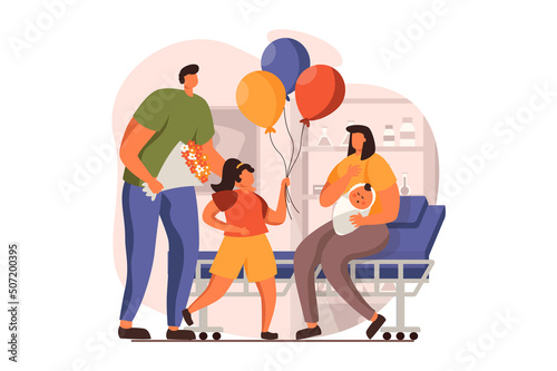 Newborn child in young family web concept in flat design. Happy mom holding infant while dad and daughter with balloons congratulation her in maternity ward. Vector illustration with people scene