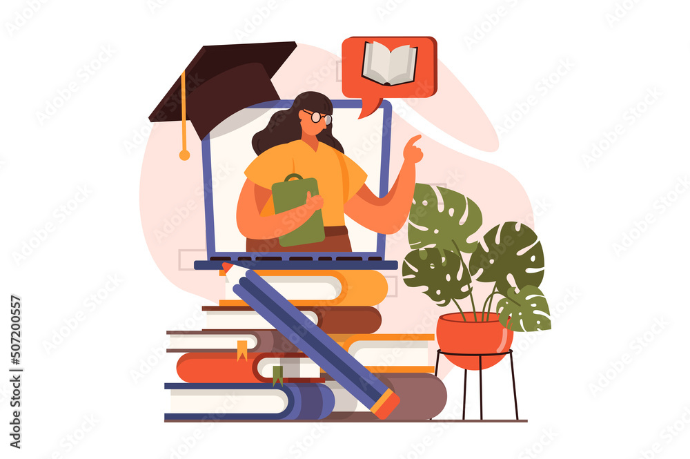 Online education web concept in flat design. Teacher teaches remotely. Online library, e-learning on educational platform, graduation and getting diploma. Vector illustration with people scene Online education web concept in flat design. Teacher teaches remotely. Online library, e-learning on educational platform, graduation and getting diploma. Vector illustration with people scene