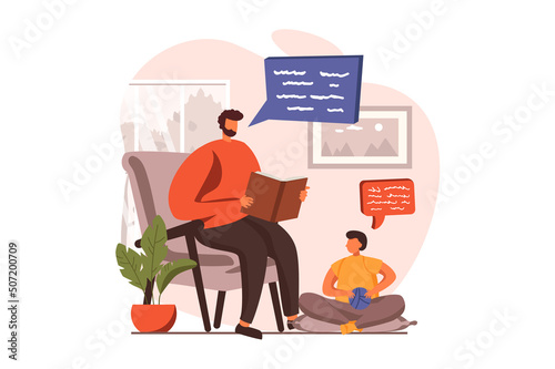 People reading book web concept in flat design. Dad reads fairy tales to his little son sitting in armchair at home. Happy family spend time with books. Vector illustration with characters scene
