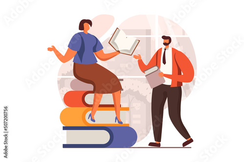People reading book web concept in flat design. Man and woman reading books. Students study textbooks and prepare for exams. Literature, library, education. Vector illustration with characters scene