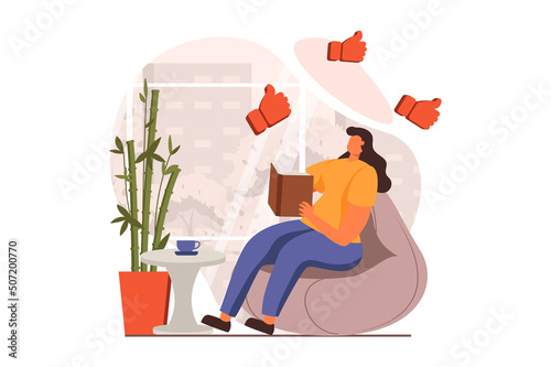 People reading book web concept in flat design. Woman reads story or enjoying novel while sitting on armchair at cafe. Literature lover spends time with book. Vector illustration with characters scene