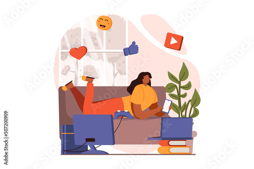 People sit in gadgets web concept in flat design. Happy woman browsing, chatting and scrolling feed in apps using smartphone, spending lot of time online. Vector illustration with characters scene