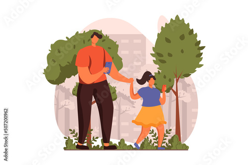 People sit in gadgets web concept in flat design. Dad and daughter are walking together in park and looking at their smartphones and ignoring each other. Vector illustration with characters scene