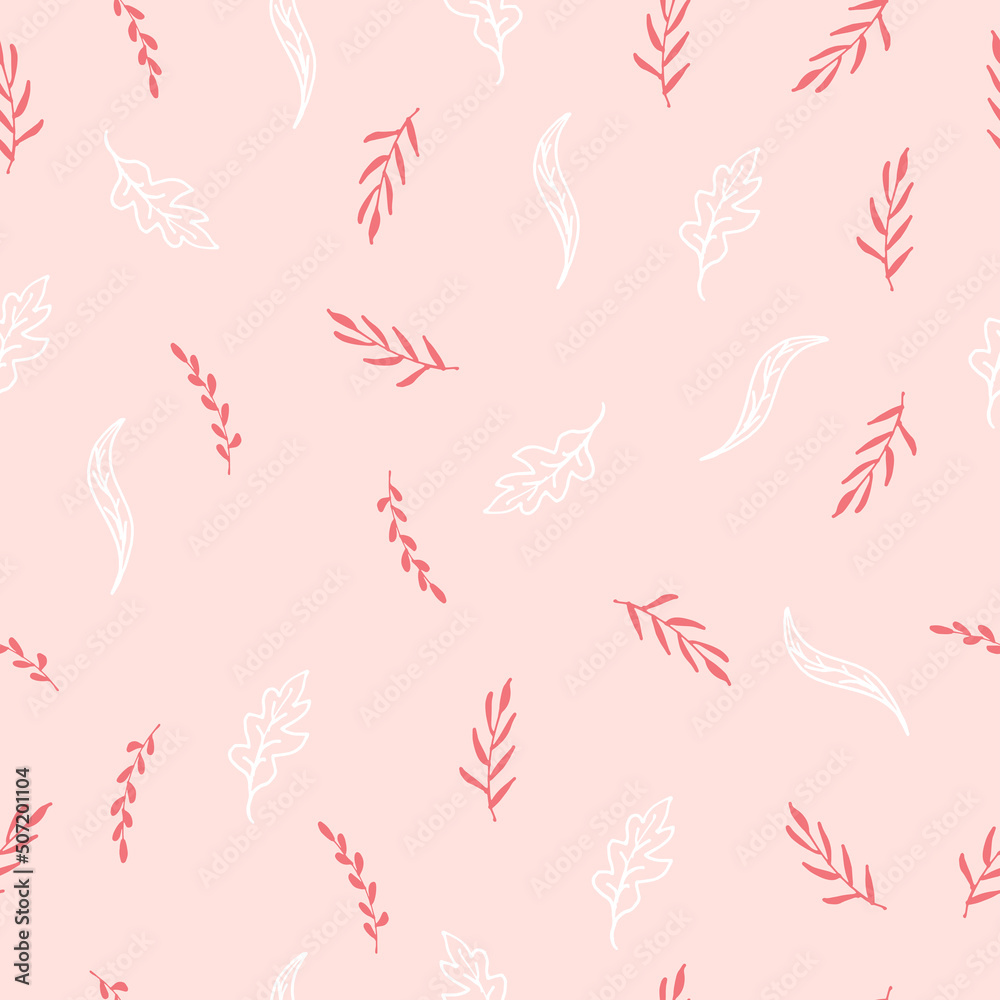 beautiful leaves illustration on pink background. white and pink colors. hand drawn vector. seamless pattern with leaf. romantic background. wallpaper, fabric, textile, wrapping paper and gift. 