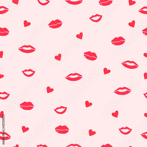 pink lips with heart illustration on pink background. hand drawn vector, seamless pattern with lips and heart. sexy lips. romantic background. doodle for wallpaper, wrapping paper and gift, fabric. 