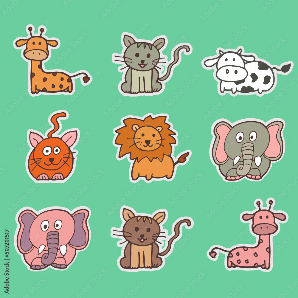 Obraz premium set of cute baby animal icon. hand drawn vector. elephant, giraffe, cow, cat and lion illustration on green background. doodle animal for kids, wallpaper, label, sticker, clipart, poster, card. 