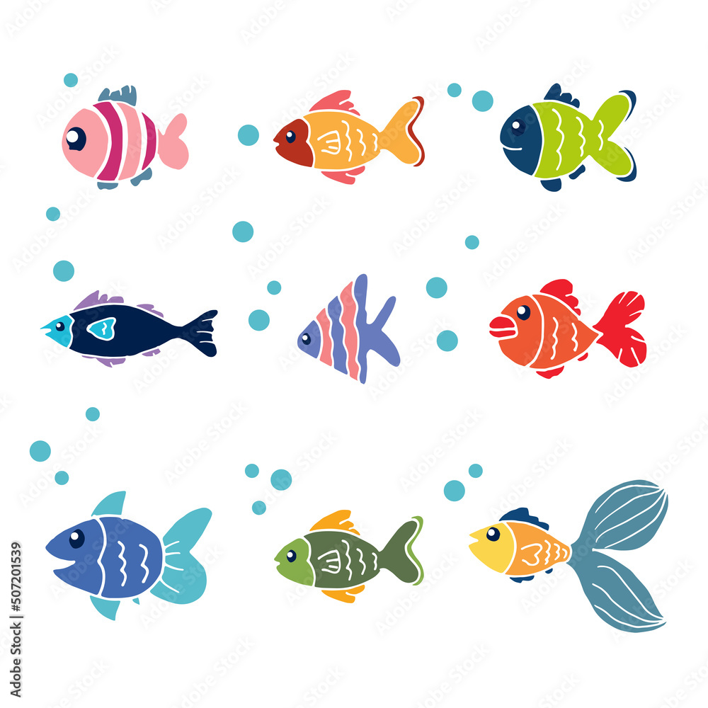 set of small fish icon. hand drawn vector. colorful fish illustration with bubbles on white background. decorative aquarium fish. doodle art for kids, sticker, clipart, poster, banner, card, advert. 