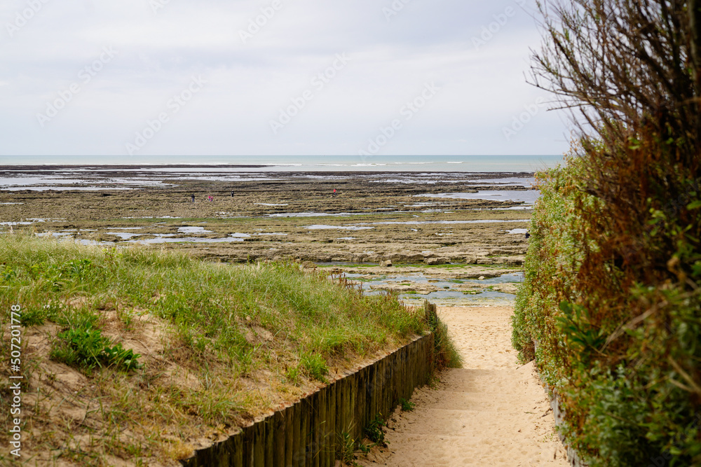 Wooden pathway access to beach sea in oleron island coast Atlantic in france
