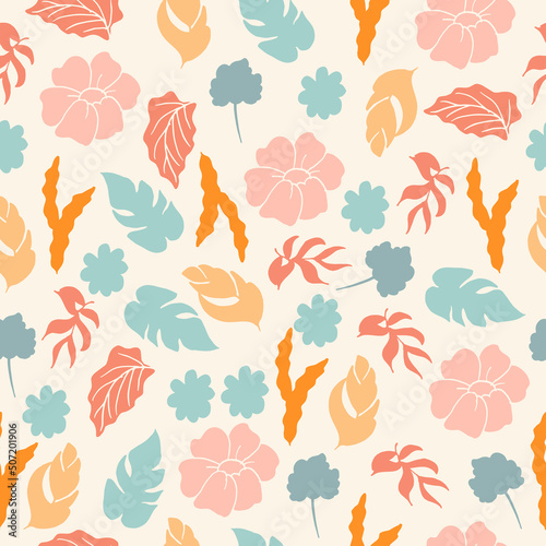 cute floral pattern. seamless pattern with colorful flowers and leaves illustration on pink background. hand drawn vector, pastel color. wallpaper, wrapping paper and gift, backdrop, fabric, textile.