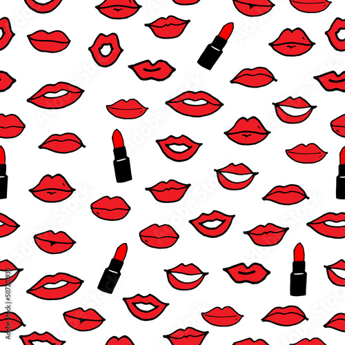 beauty red lips and lipstick illustration on white background. hand drawn vector. seamless pattern with red lip and lipstick. romantic and sexuality. wallpaper, wrapping paper, fabric, fashion print.