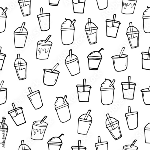 collection of drink cup with straw illustration isolated on white background. hand drawn vector. seamless pattern with cup of bubble tea. doodle for wallpaper, wrapping paper, fabric, textile. 