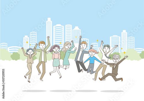 ビジネス　ジャンプする男女会社員