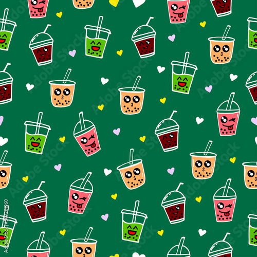 kawaii cup of bubble tea with hearts illustration on green background. hand drawn vector. seamless pattern with cup of boba. fruit flavors, eyes and smiling face. plastic cup with straw. cute emoticon