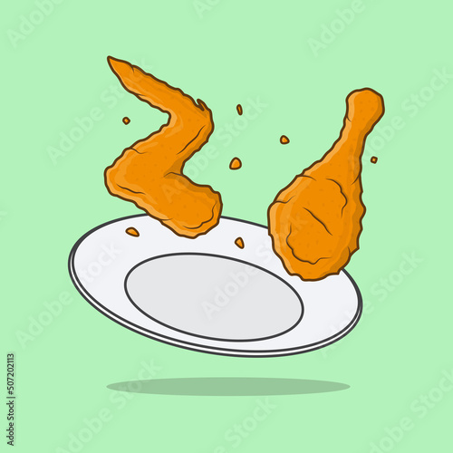 Fried Chicken Crispy On A Plate Cartoon Vector Illustration. Fried Chicken Flat Icon Outline