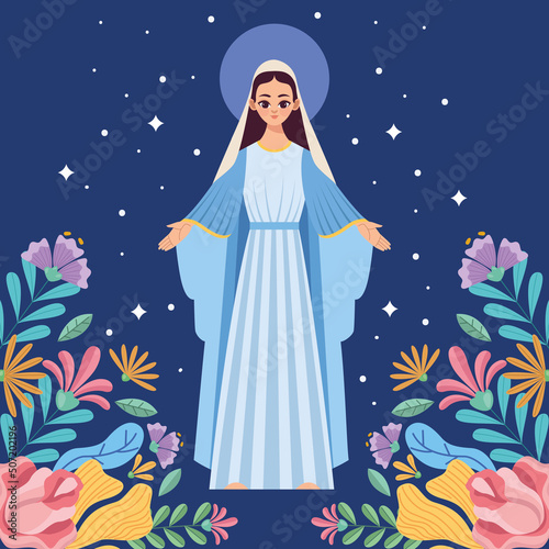 blue mary virgin and flowers