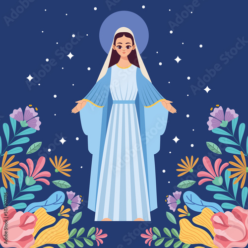 blue mary virgin and flowers photo